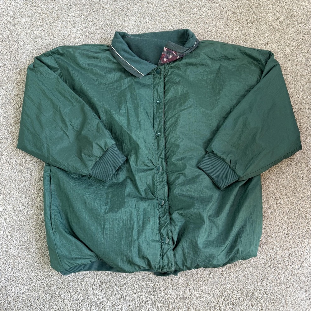 Center Aisle Jacket Womens Large Green Reversible Fleece Bomber Floral Snap